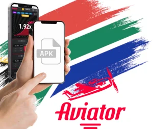 A hand holding a cell phone in front of a flag of the south africa and logo of aviator game and apk file logo
